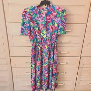 1980s Big Shoulder Floral Dress Size 14